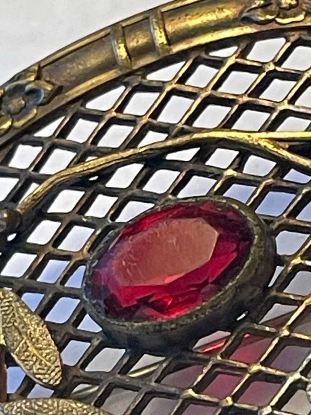 Antique Art Nouveau Brass Sash Brooch With Floral & Leaf Motif Ruby Red Glass St